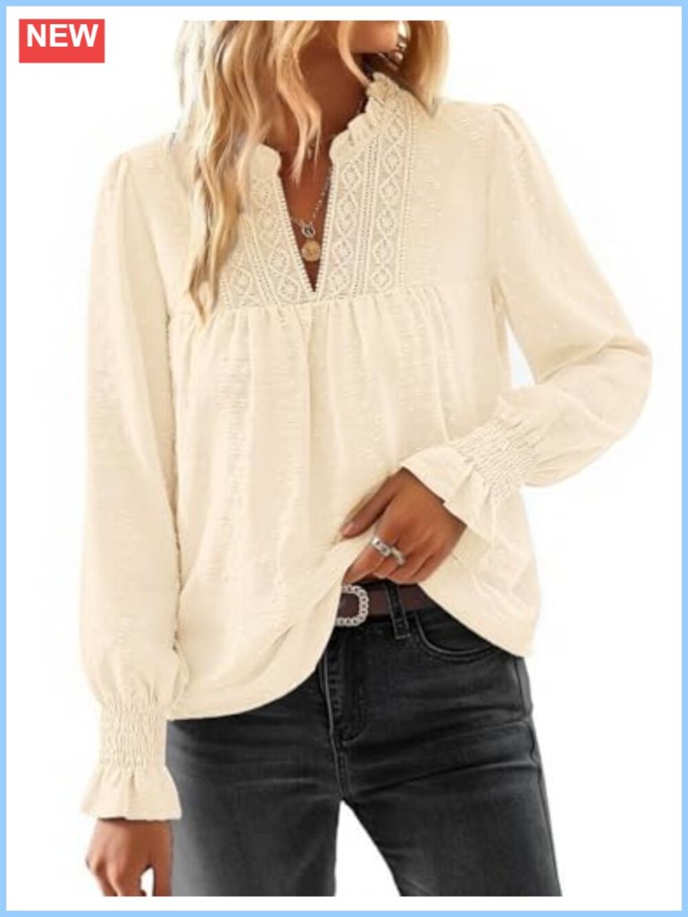 HEEKPEK Women's Long Sleeve V-Neck Lace Blouse - Boho Flowy Polyester Top